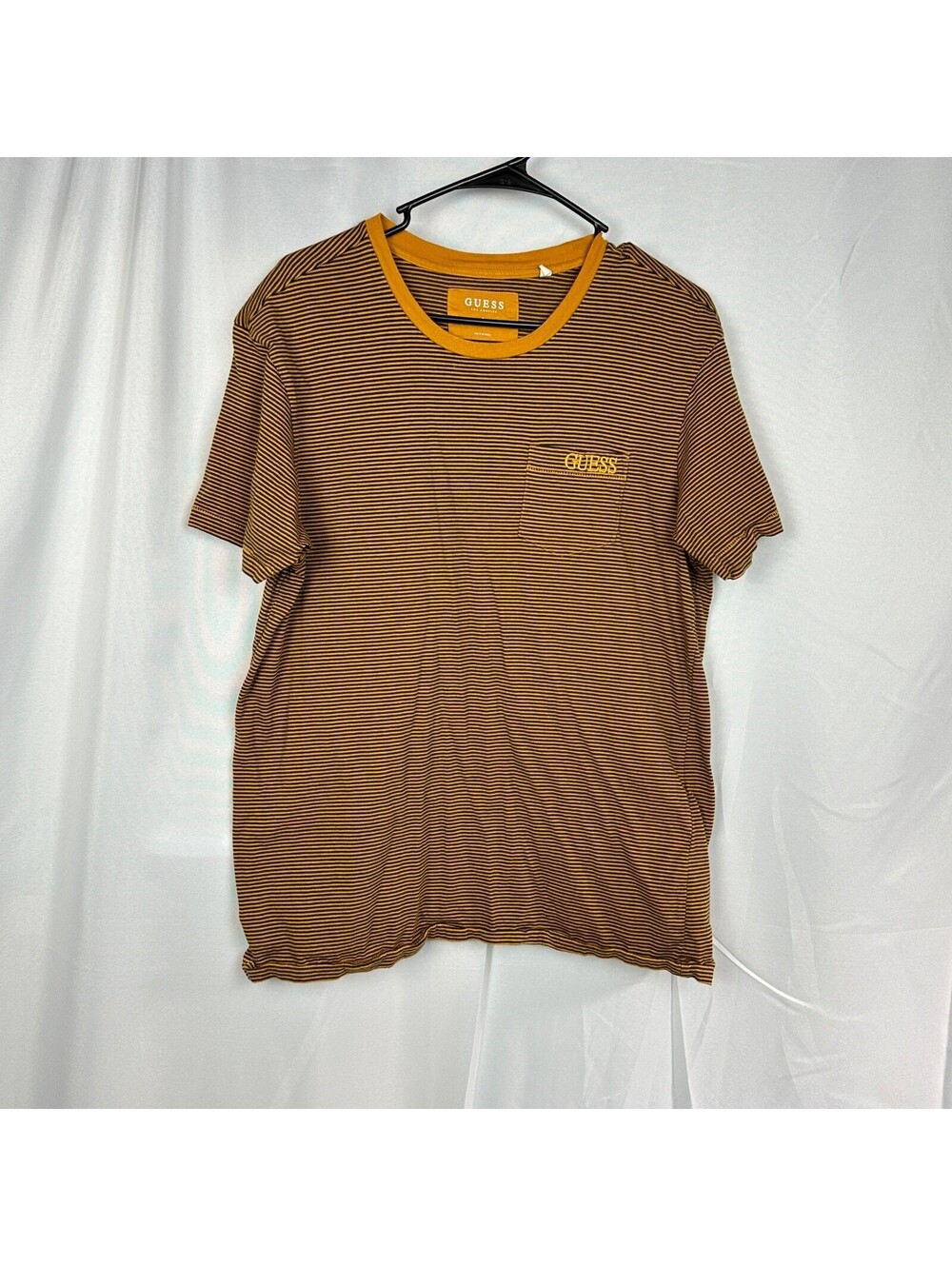 Guess Mens L Striped Pocket Tee Yellow Navy Cotton